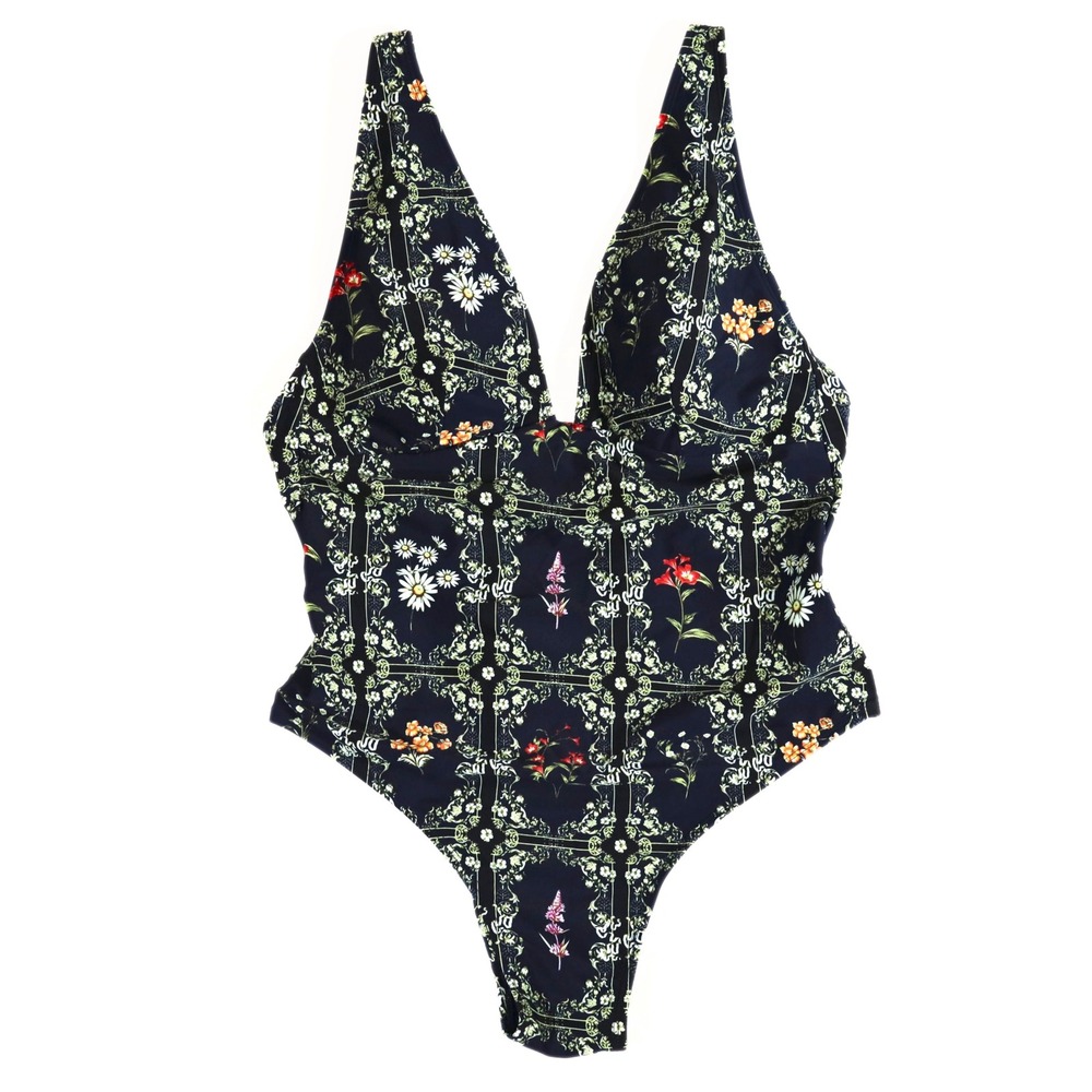 Agua Bendita Swimsuit Womens Large Navy Floral Plunge One Piece Bathing Suit L